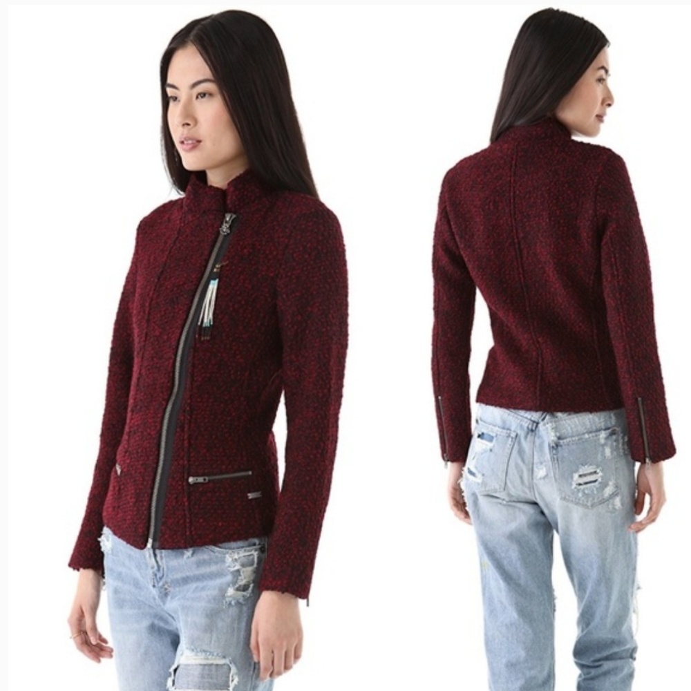 Maison Scotch Black & Red Boucle Wool Zip Jacket